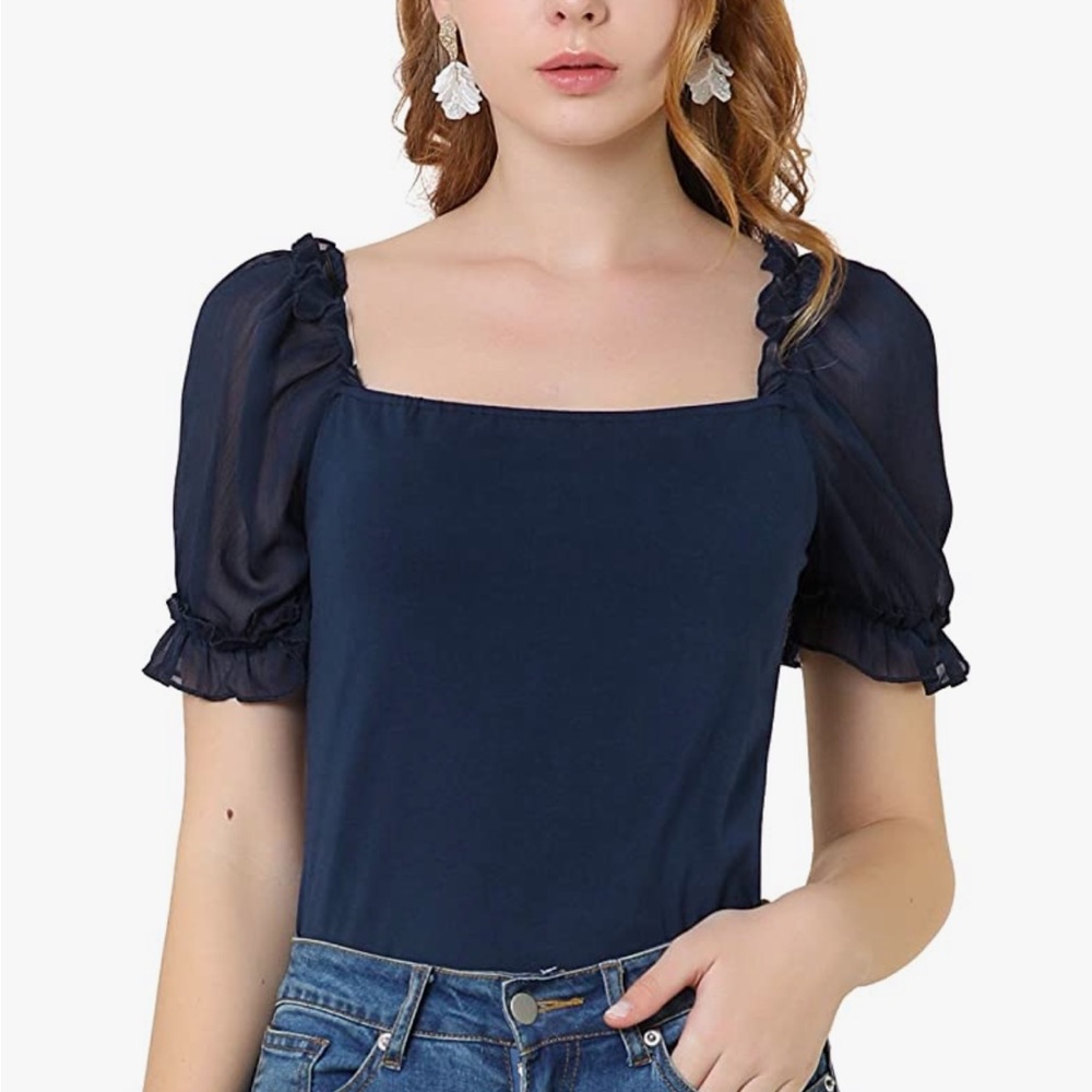 Sheer puff sleeve navy top